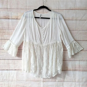Monoreno Size Small Tunic Top Bell Sleeve Boho Embroidered Mesh Blouse Oversized
